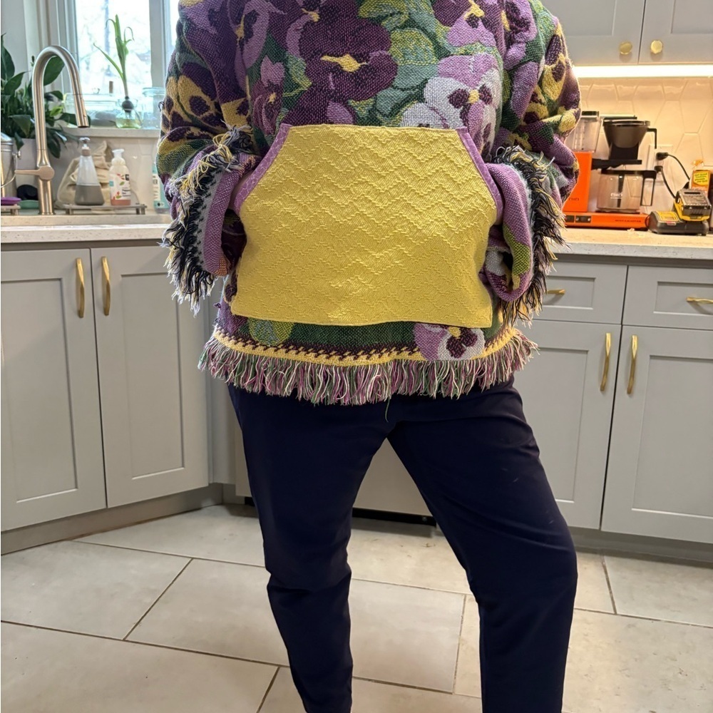 Repurposed Floral Patterned blanket into Hoodie with fringe